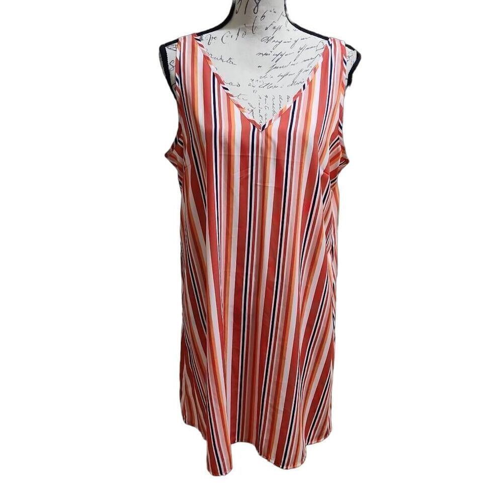 Papaya Ladies Size 14 Pink Orange White Striped V-Neck Sleeveless Dress
